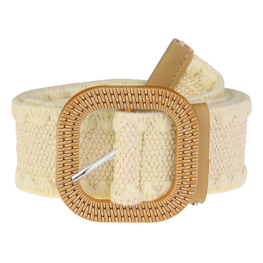 Plus Size Straw Woven Elastic Stretch Wide Waist Boho Braided Belts Milky White